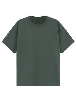 A green unisex heavy cotton oversized tee with a relaxed fit and round neckline. It features a logo on the label.