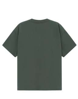 A unisex oversized tee in a dark green colour, featuring a plain design and a logo on the back.