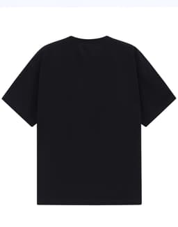 A black unisex heavy cotton oversized tee with short sleeves and a plain back. Features a logo.