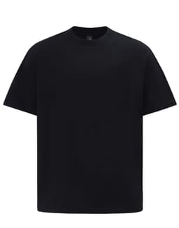 A black unisex heavy cotton oversized tee with a simple design and a logo on the front.