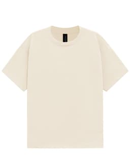A unisex heavy cotton oversized tee in a cream colour. The shirt features a logo on the label.