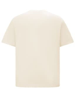 A unisex oversized tee in a cream colour with short sleeves and a plain back. It features a logo.