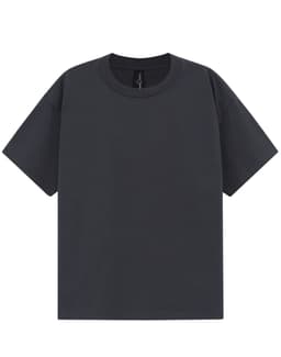 An oversized unisex tee in dark grey with a crew neck and short sleeves, featuring a logo.