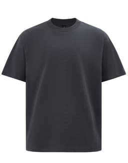 A black unisex heavy cotton oversized tee featuring a simple design and a round neckline. It has a logo on it.