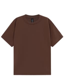 A brown unisex heavy cotton oversized tee displayed flat, featuring a simple design and a label inside.