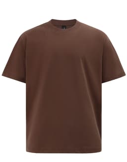 A brown oversized unisex heavy cotton tee with a relaxed fit. Features a logo on the label.