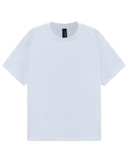 A white unisex heavy cotton oversized tee featuring a round neckline and short sleeves. Includes a brand label.