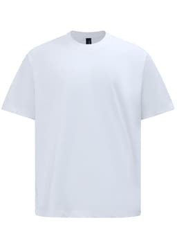 A white unisex heavy cotton oversized tee with a logo on the label.