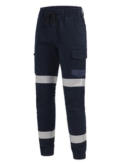 Cotton stretch drill cuffed work pants in navy with reflective tape detailing, featuring cargo pockets and an elastic waist.