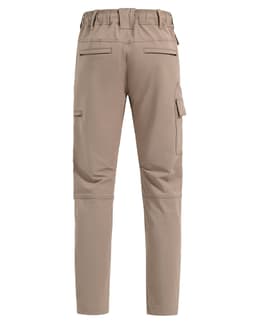 Flexi work pants in a light brown colour, featuring back and side pockets, with an elastic waistband.