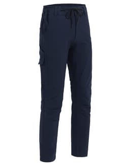 Navy blue DWR water repellent flexi work pants with a drawstring waist and side pockets, featuring branding.