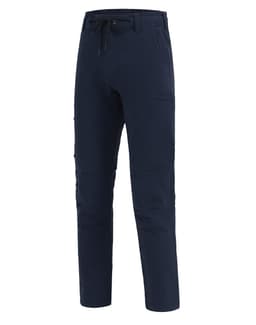 Navy flexi work pants with a water-repellent finish and an elastic waistband. Features a logo on the fabric.