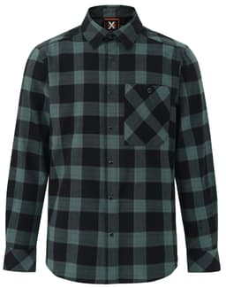 A unisex flannel plaid shirt in black and teal with a button-up front and a single chest pocket.