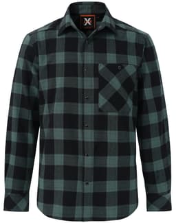 A unisex flannel plaid shirt in black and green with a button-up front and a chest pocket. Features a logo.