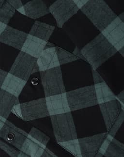 A close-up of a unisex flannel plaid shirt featuring a black and dark green check pattern with button details.