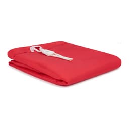 A red laundry bag made from 100% polyester, featuring a zip closure and folded neatly. It has a logo.