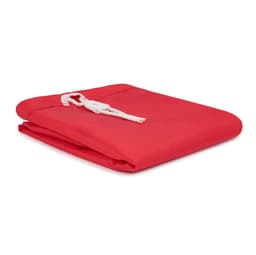 A red laundry bag made of 100% polyester, featuring a zip closure and a small branding logo.