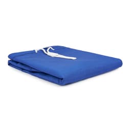 A blue laundry bag made from 100% polyester, featuring a drawstring closure and a folded design.