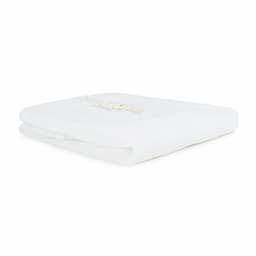 A white laundry bag made of 100% polyester with a drawstring closure, featuring a logo.