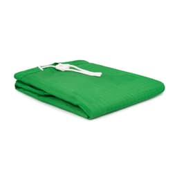 A green laundry bag made of 100% polyester, featuring a drawstring closure and a simple design.