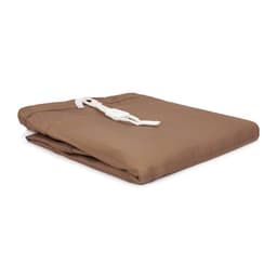 A folded brown laundry bag made from 100% polyester, featuring a drawstring closure and a branding label.