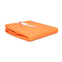 An orange laundry bag made from 100% polyester, featuring a drawstring closure and a simple design.