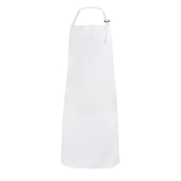 A white apron bib featuring a neck strap and minimal design. It includes a logo on the fabric.