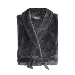 A folded grey microfibre robe with a belt. The robe has a soft, plush texture.