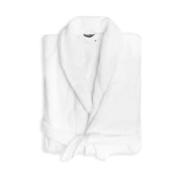 A folded white deluxe microfibre robe with a belted waist and shawl collar, featuring a logo.