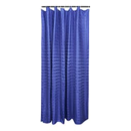 A blue shower curtain with a textured box stripe pattern, featuring multiple hanging loops at the top.