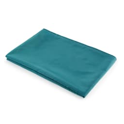 A folded green slide sheet made of smooth material, featuring a logo on one side.