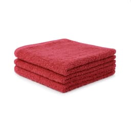 A stack of three plush red face washers, made of 500 gsm material, featuring a soft texture.