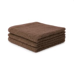 A stack of three brown face washers made from soft, plush material. The product includes a logo.