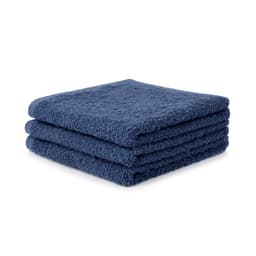 Three navy blue face washers stacked neatly, featuring a plush texture and a soft finish.
