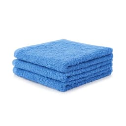 Three stacked face washers in a vibrant blue colour, made from 500 gsm fabric. The product features a logo.