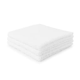 Three white face washers stacked neatly, featuring a soft, fluffy texture. Includes a logo on the packaging.
