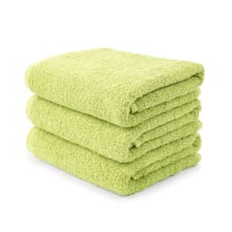A stack of three bright green towels with a fluffy texture, featuring a logo on one side.