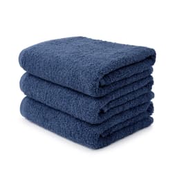 A stack of three navy blue small hand towels, featuring a plush, textured surface. The towels have a logo.