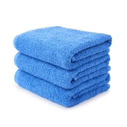 A stack of three blue hand towels, featuring a soft, textured surface. The towels have a branded label.