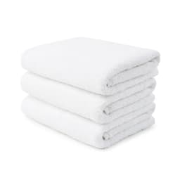 A stack of three plush white hand towels, showcasing soft, premium texture. The towels are neatly folded.