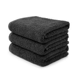 A stack of three large, plush hand towels in a dark grey colour, featuring a soft, textured fabric.