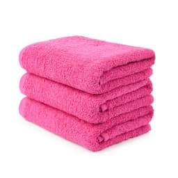 Three fluffy large hand towels stacked neatly, featuring a vibrant pink colour. The image includes a logo on the towels.