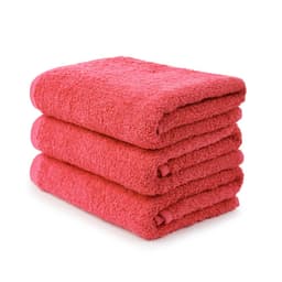 Three stacked hand towels in a vibrant pink colour, featuring a soft and fluffy texture. The towels have a refined finish.