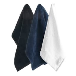 Three towels in black, navy blue, and white, featuring a logo on one side.