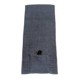 A grey sports towel featuring a pocket for storage, suitable for various activities. It has a logo on the design.