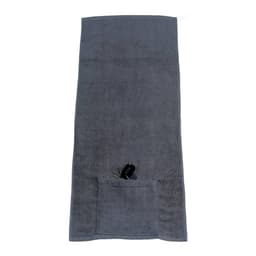 A grey sports towel with a pocket and a zip, featuring a small black object tucked inside the pocket.