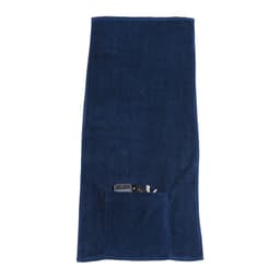 A navy sports towel features a pocket for small items. The towel has a soft texture and includes a logo.
