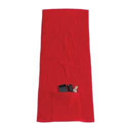 A red sports towel features a pocket containing a phone and keys. The towel also has a logo.