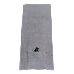 A grey sports towel featuring a pocket and a zip compartment for storage. Includes a small black item inside the pocket.