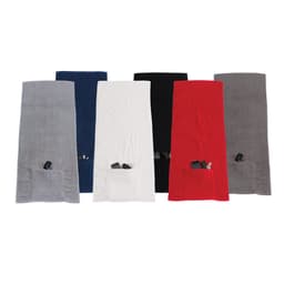 A series of sports towels in grey, navy, black, white, and red, each featuring a pocket and zip.